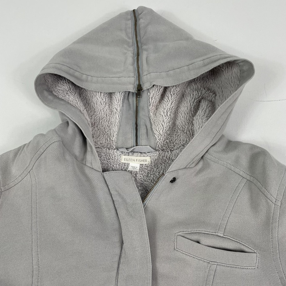 Eileen Fisher Jacket Womens Small Gray Cotton Blend Hooded Sherpa Lined Zip